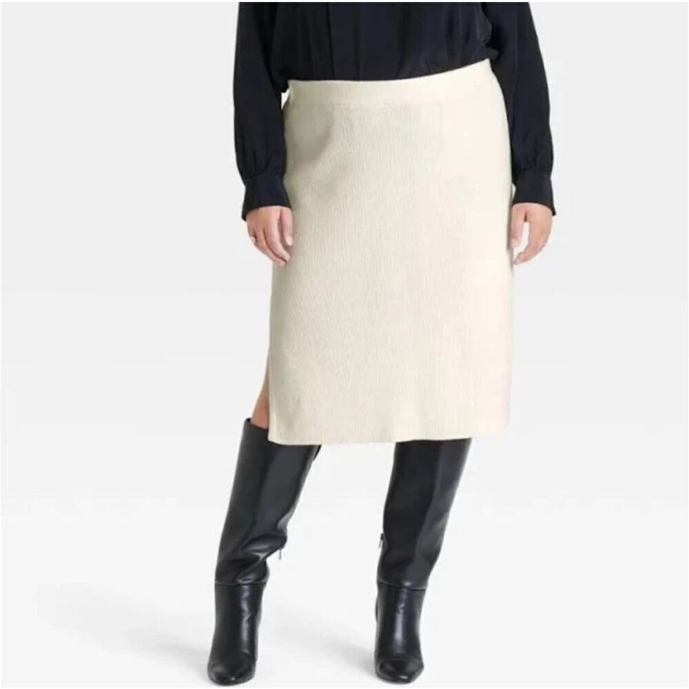 Ava & Viv NWT Ribbed‎ Knit Elastic Waist Midi Sweater Pencil Skirt White Size 2X